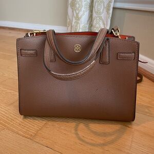 Tory Burch brown leather cross body bag. 10” length, 8” height, 2” depth